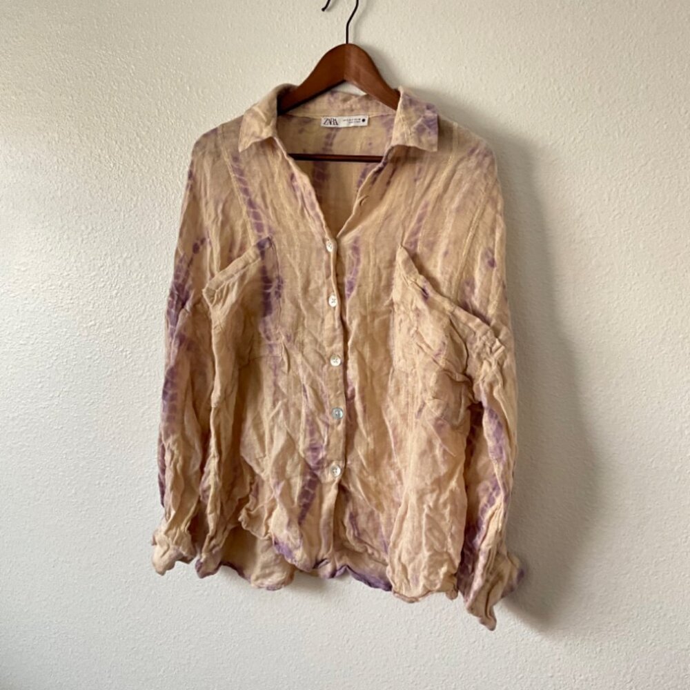 Zara Tie -Dye Blouse with Pockets Button down size M Boho Prairie Vintage Grunge